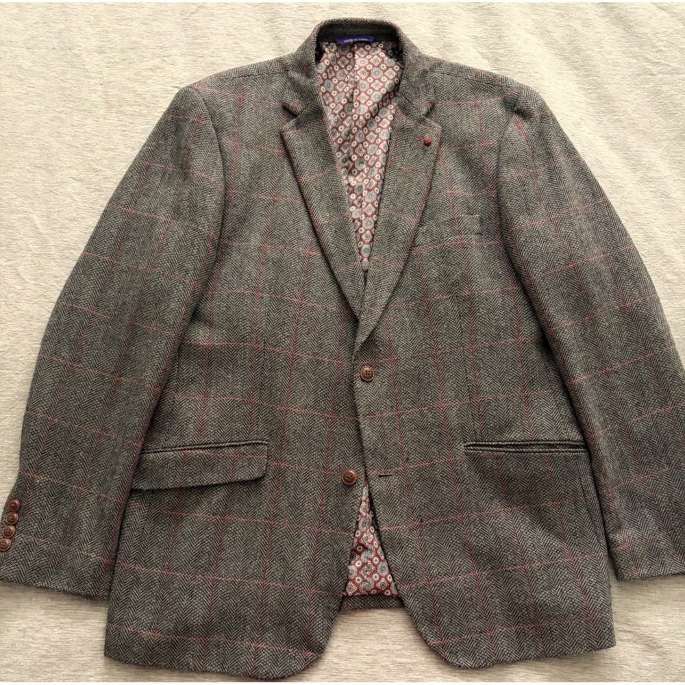 Alan Flusser Mens Grey Herringbone Red Windowpane Wool Blend Sport Coat XL